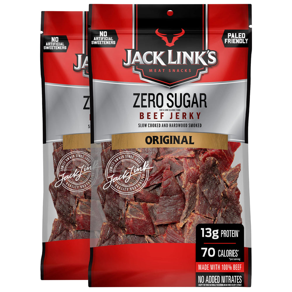 Jack Link's Original Zero Sugar Beef Jerky bag front, two-pack for on-the-go protein