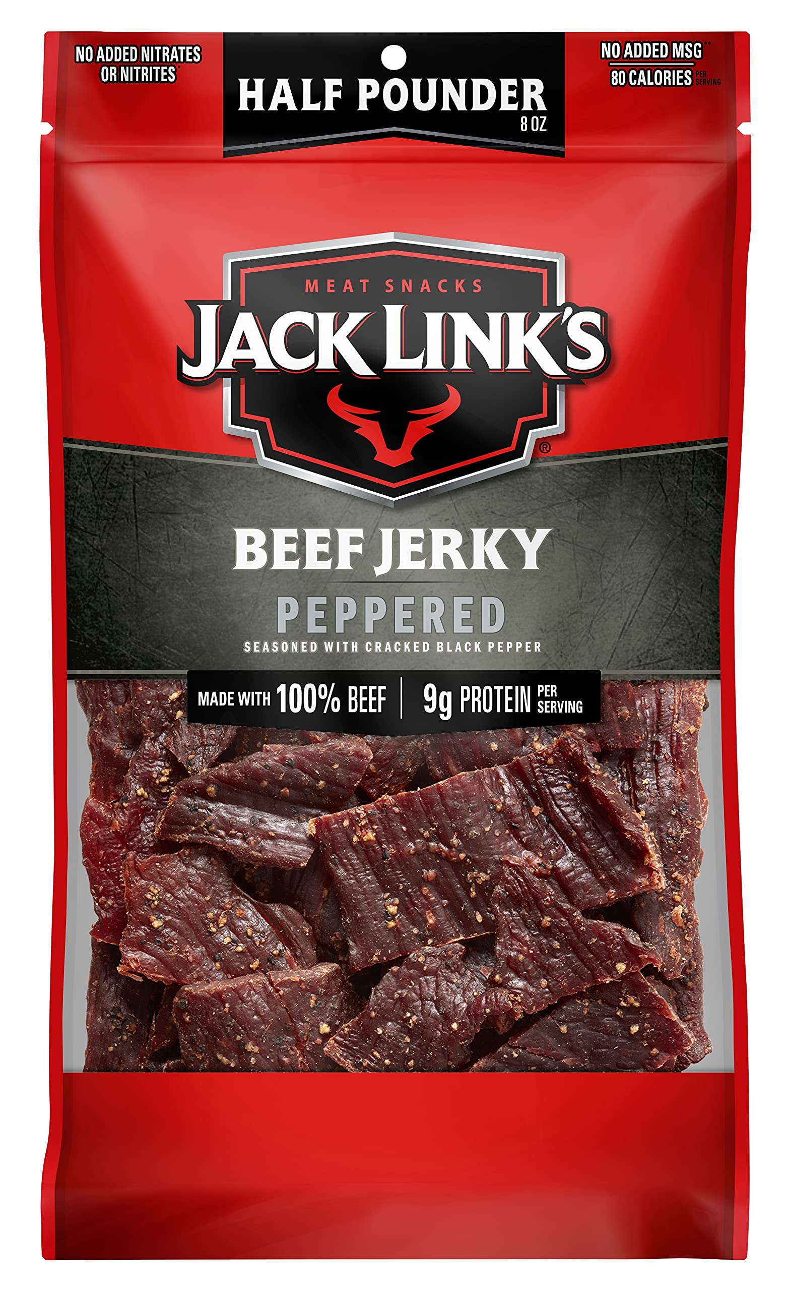 Jack Link's Peppered Beef Jerky bag showing bold flavor and protein for on-the-go snacking