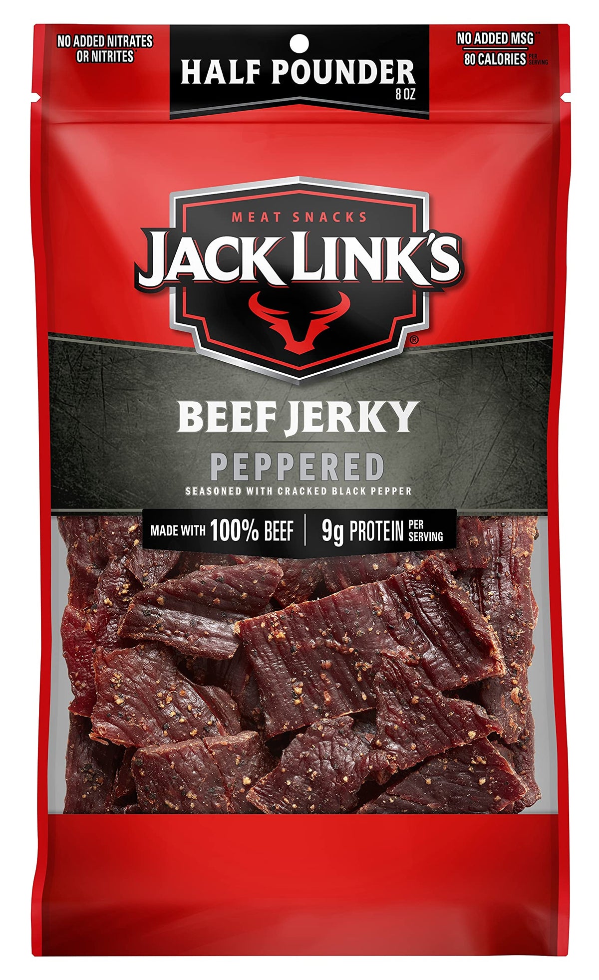 Jack Link's Peppered Beef Jerky bag showing bold flavor and protein for on-the-go snacking
