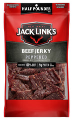 Jack Link's Peppered Beef Jerky bag showing bold flavor and protein for on-the-go snacking