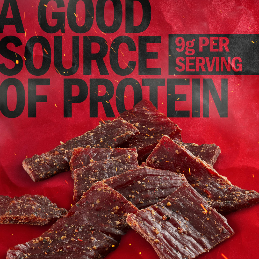 Close-up of Jack Link's jerky slices with visible pepper seasoning