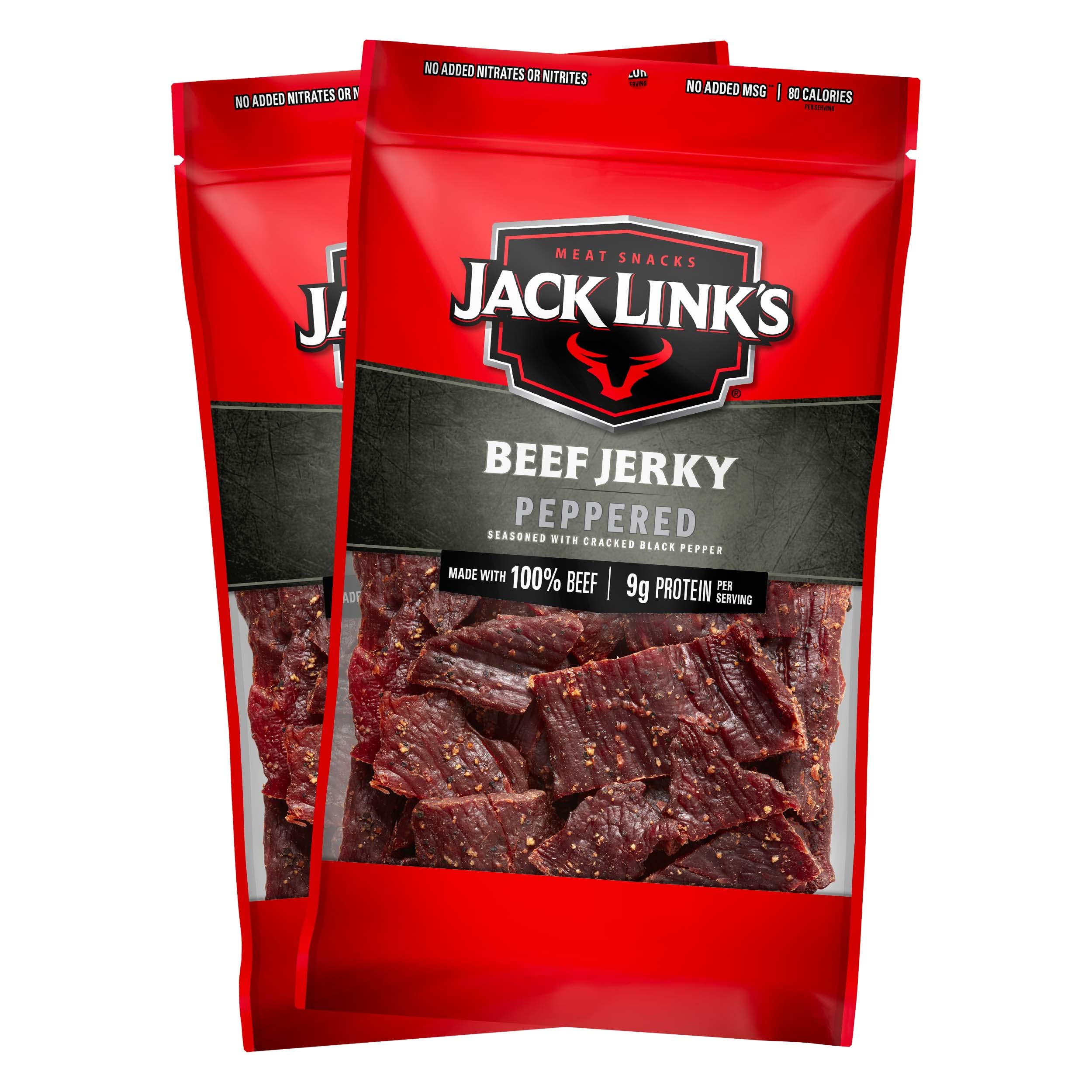 Jack Link's Peppered Beef Jerky front bag shows bold pepper flavor for on-the-go protein