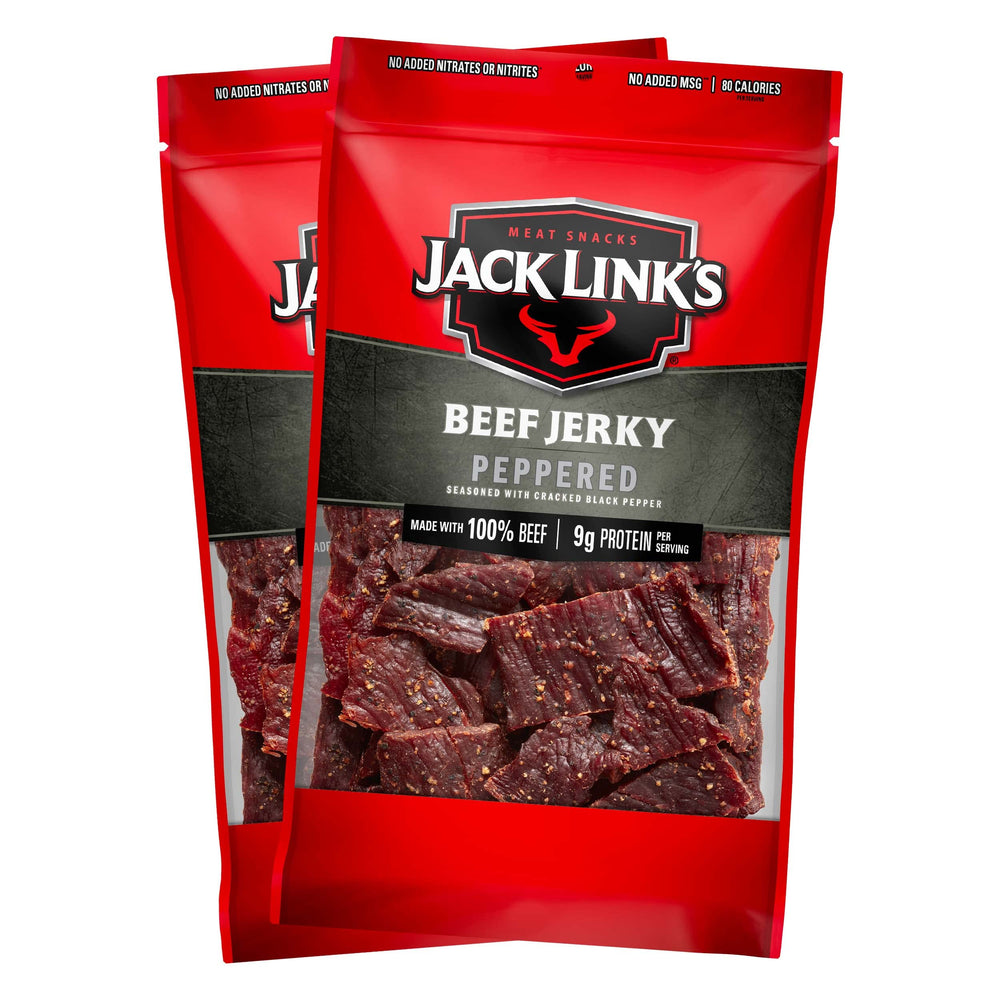 Jack Link's Peppered Beef Jerky front bag shows bold pepper flavor for on-the-go protein