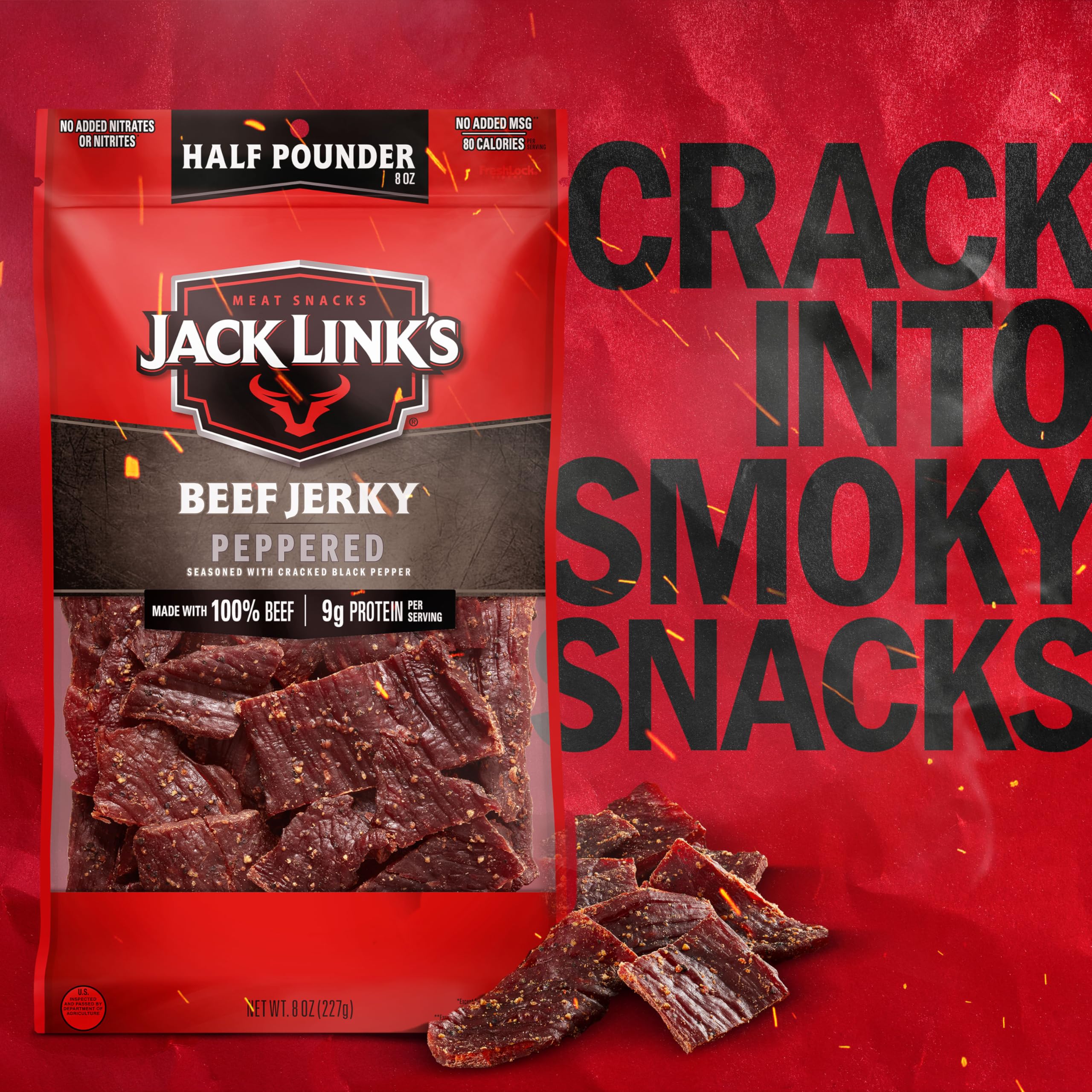 Jack Link's Peppered Beef Jerky on shelf signaling premium quality and ready-to-eat convenience