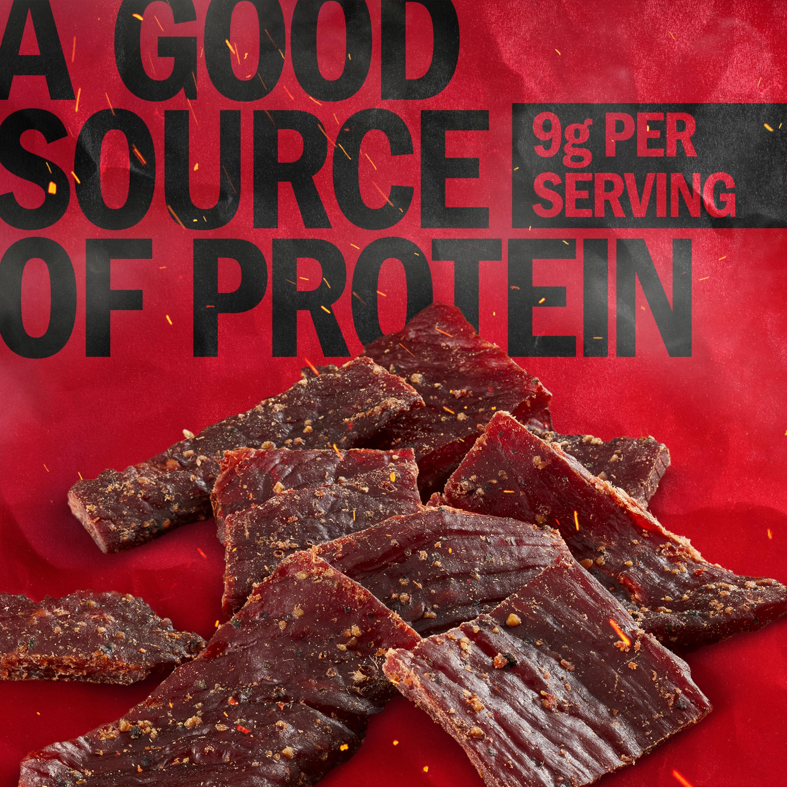 Packaging close-up of Jack Link's Peppered Beef Jerky highlighting seasoned crust and hardwood smoke aroma