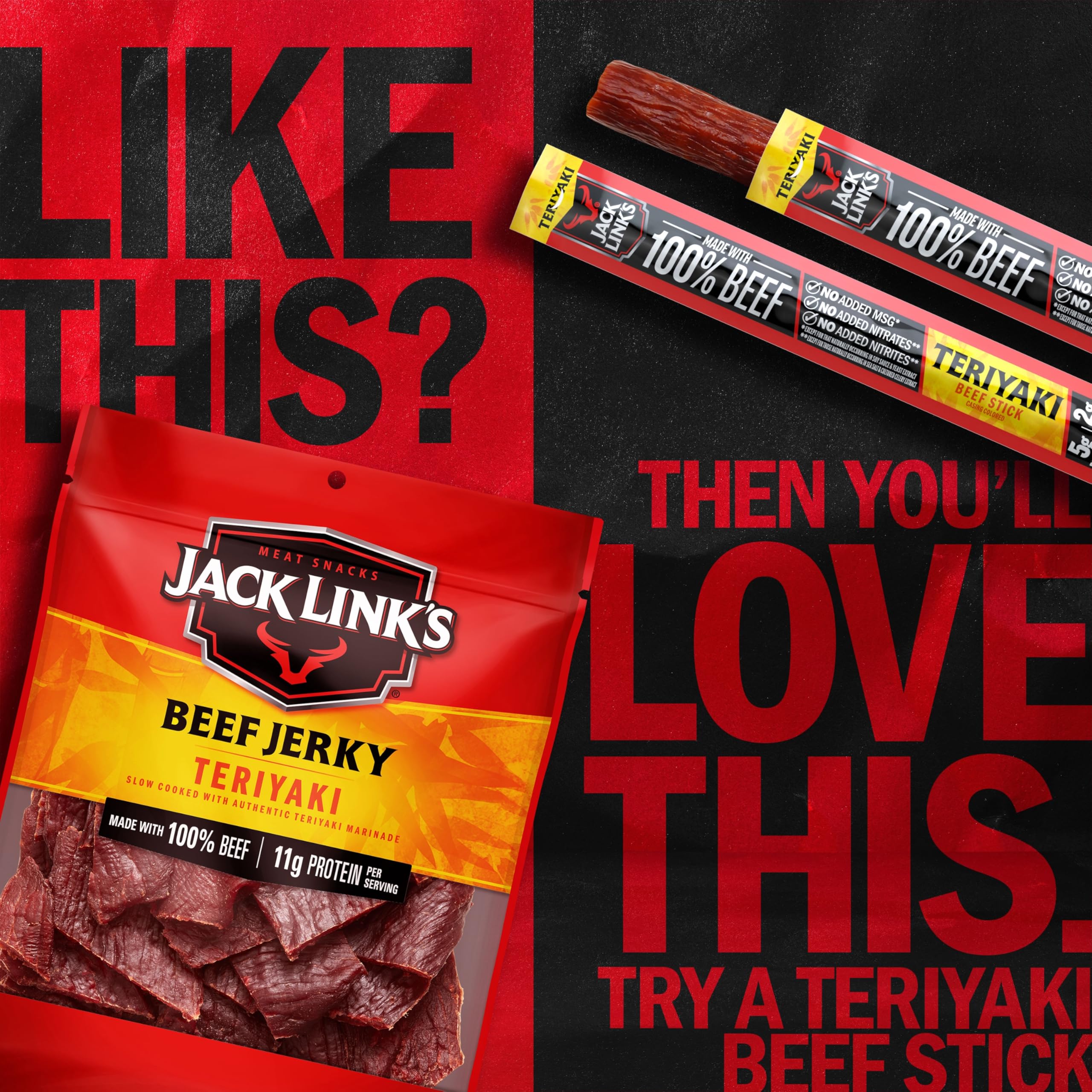 Jack Link's Teriyaki Beef Jerky packaging label closeup