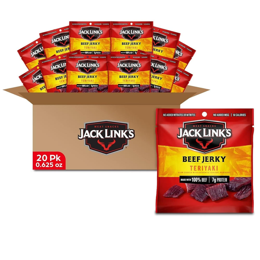 Jack Link's Teriyaki Beef Jerky packaging view highlighting the 20-pack convenience