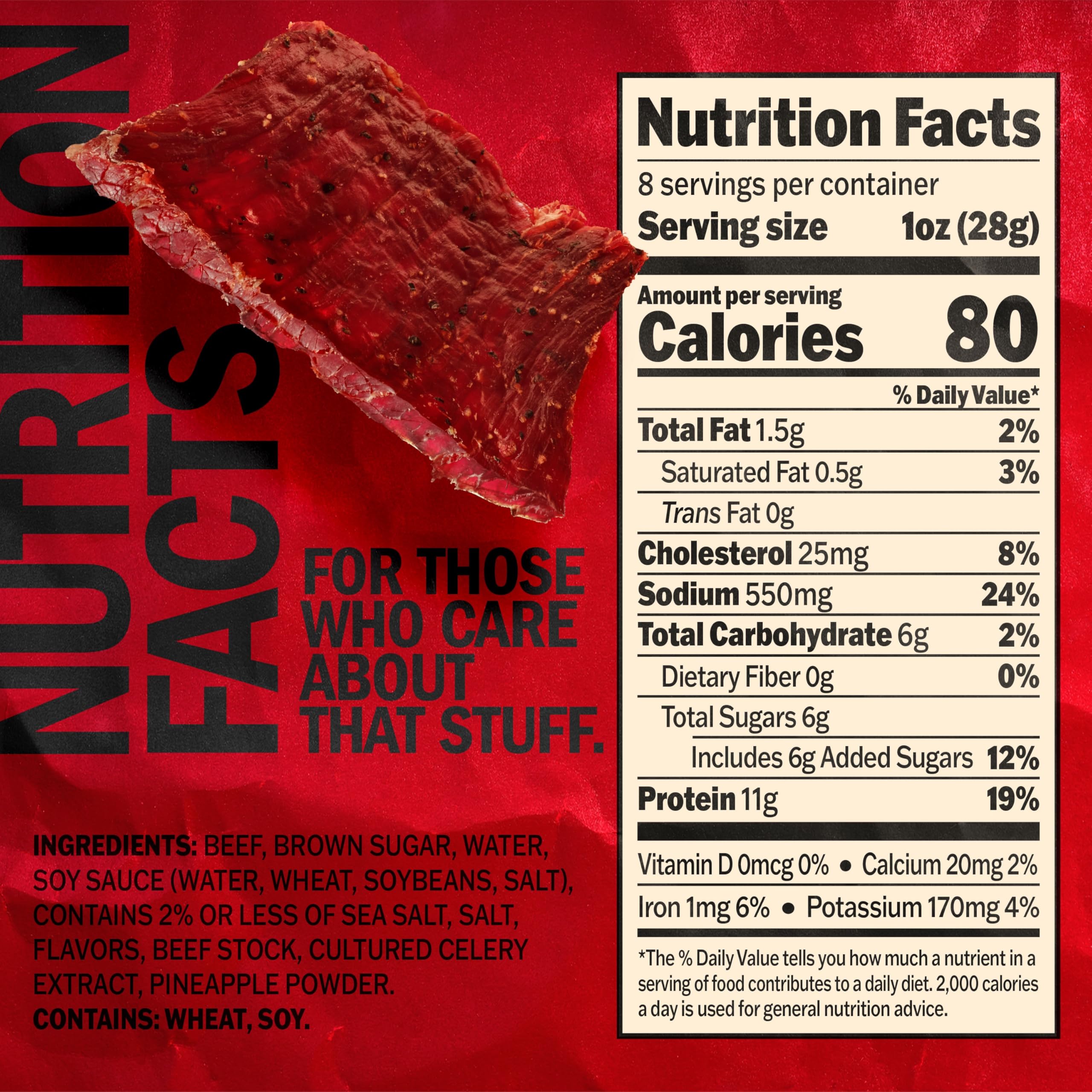 Closeup of Jack Link's Teriyaki Beef Jerky strips showing tender texture and glaze