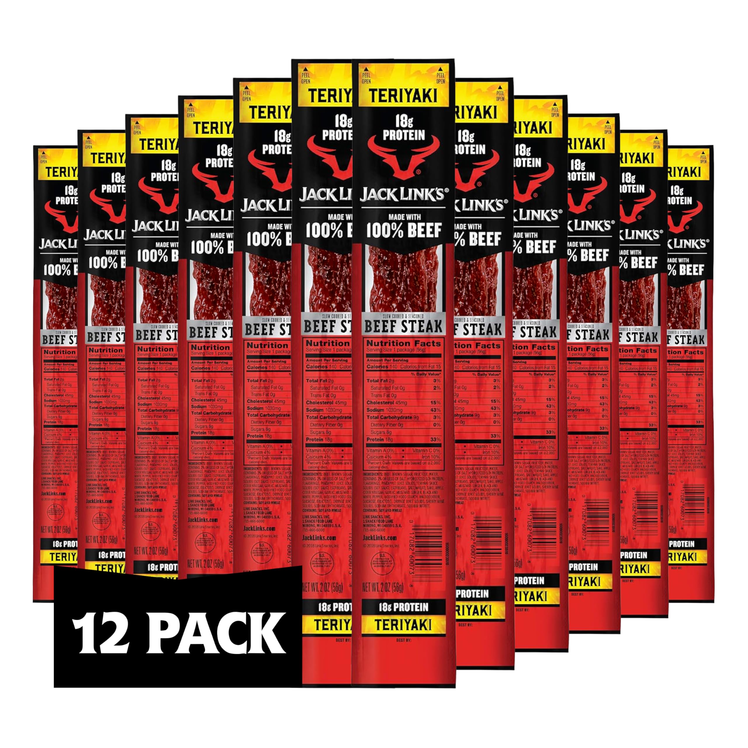 Jack Link's Teriyaki Beef Steaks 12-pack packaging for on-the-go protein.