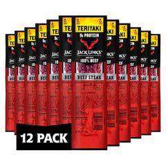 Jack Link's Teriyaki Beef Steaks front view, 1oz, 12-pack, protein snack on the go