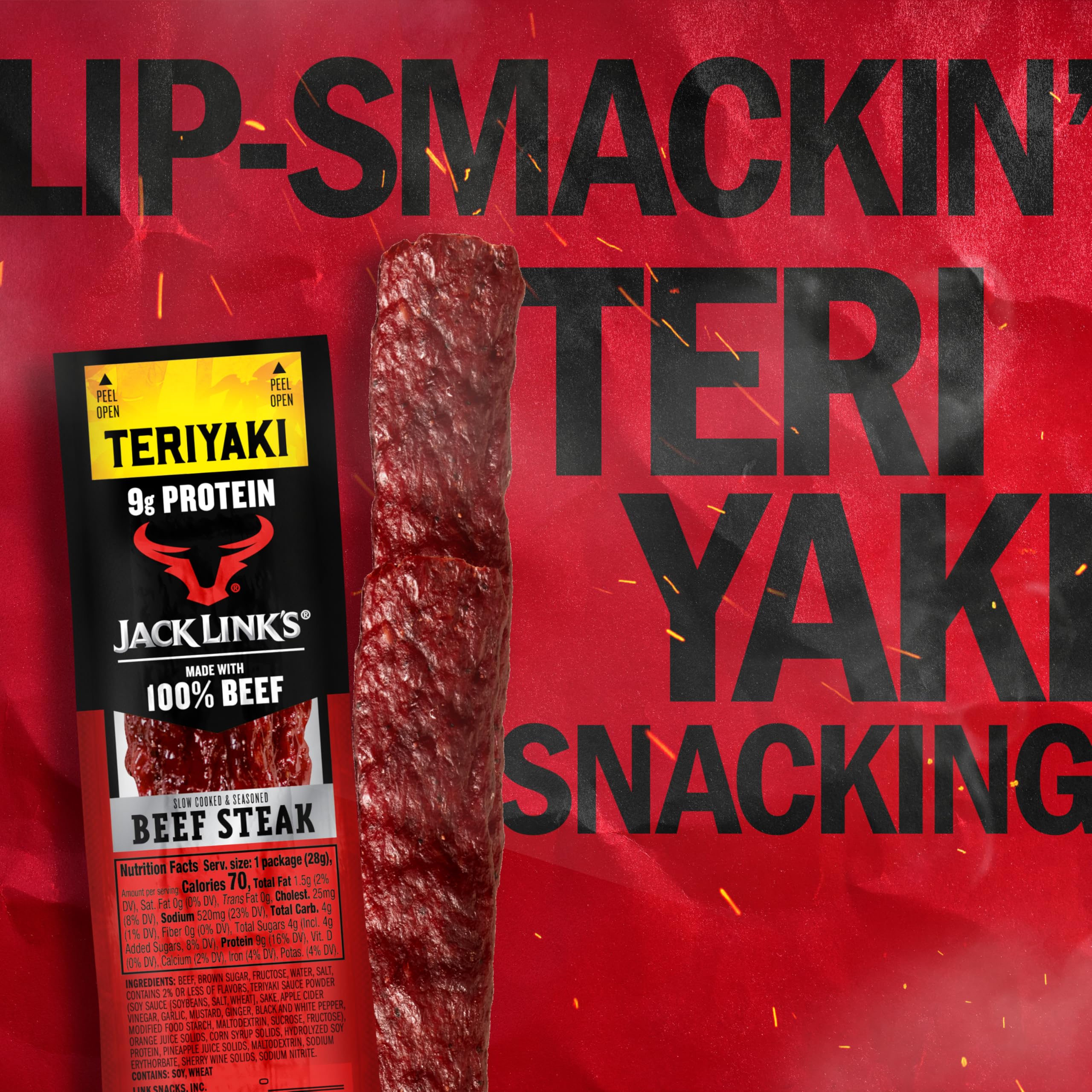 Jack Link's Teriyaki Beef Steaks close-up texture, hardwood-smoked flavor appeal