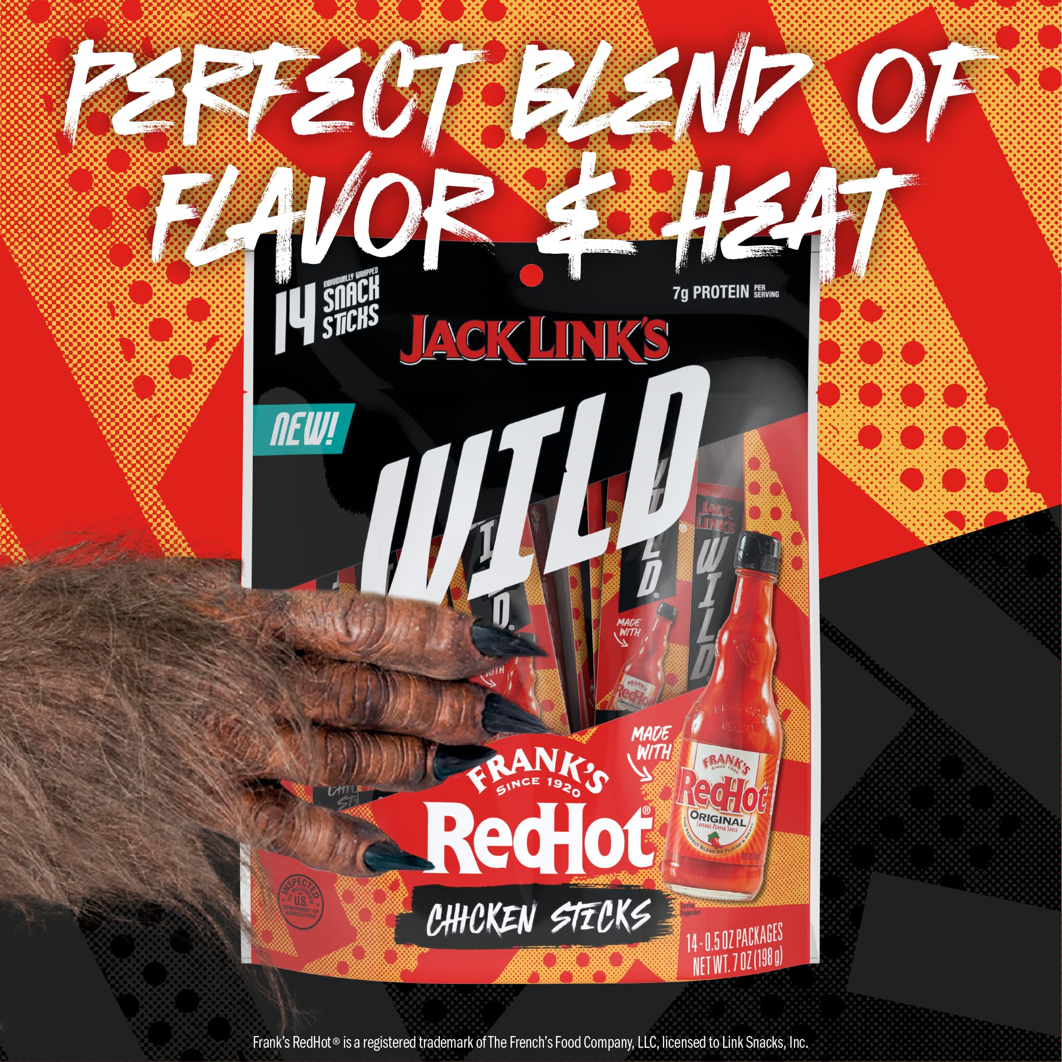 Close-up of Jack Link's Wild Mini Chicken Stick, Frank's RedHot seasoned—bold heat.