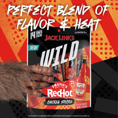 Close-up of Jack Link's Wild Mini Chicken Stick, Frank's RedHot seasoned—bold heat.