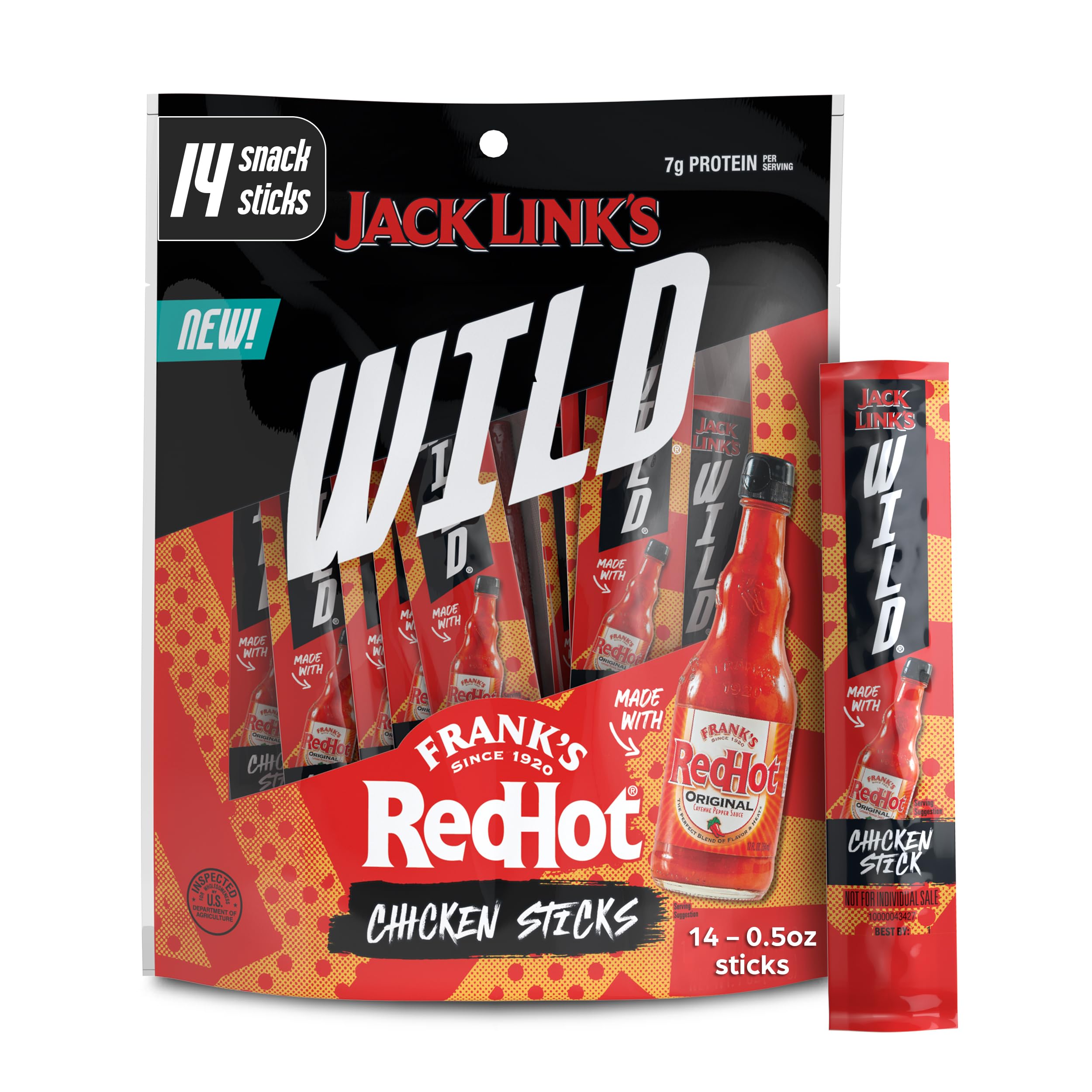 Jack Link's Wild Mini Chicken Sticks with Frank's RedHot in packaging—grab-and-go protein.