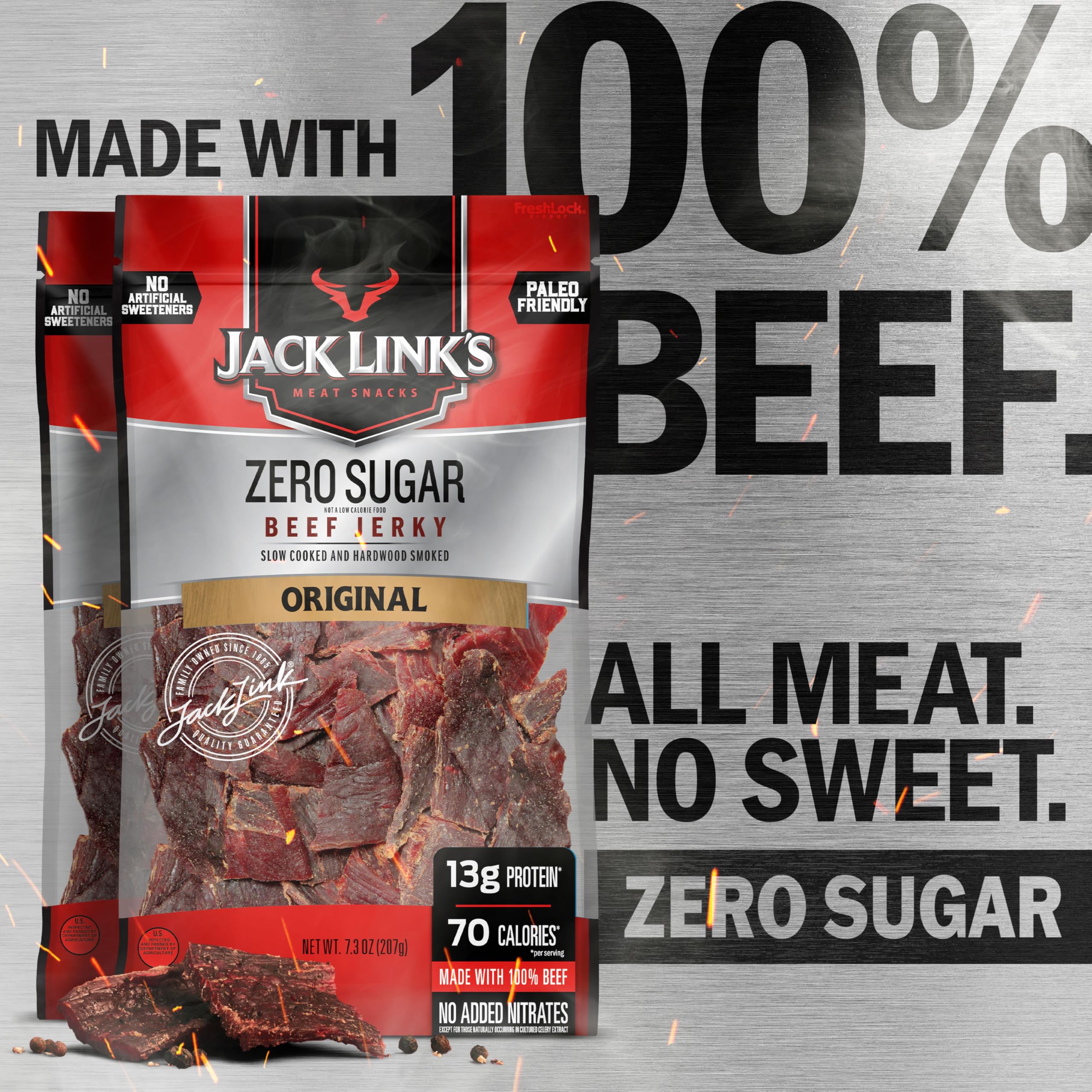 Jack Link's Original Zero Sugar Beef Jerky marinated in spices, close-up flavor with smoky aroma