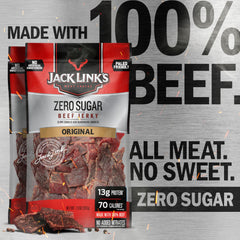 Jack Link's Original Zero Sugar Beef Jerky marinated in spices, close-up flavor with smoky aroma