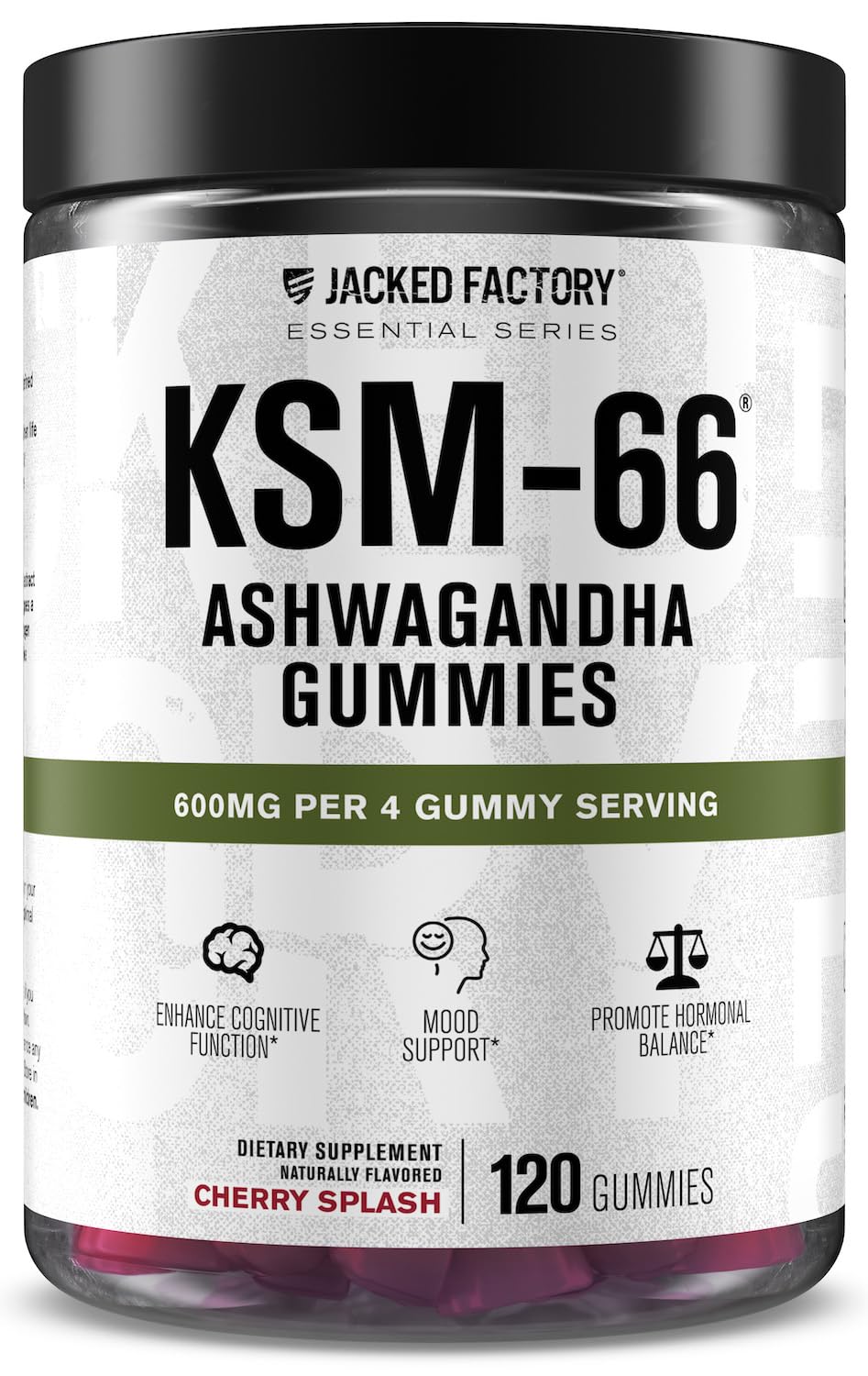 Jacked Factory Ashwagandha Gummies bottle front view highlighting the Cherry Splash flavor