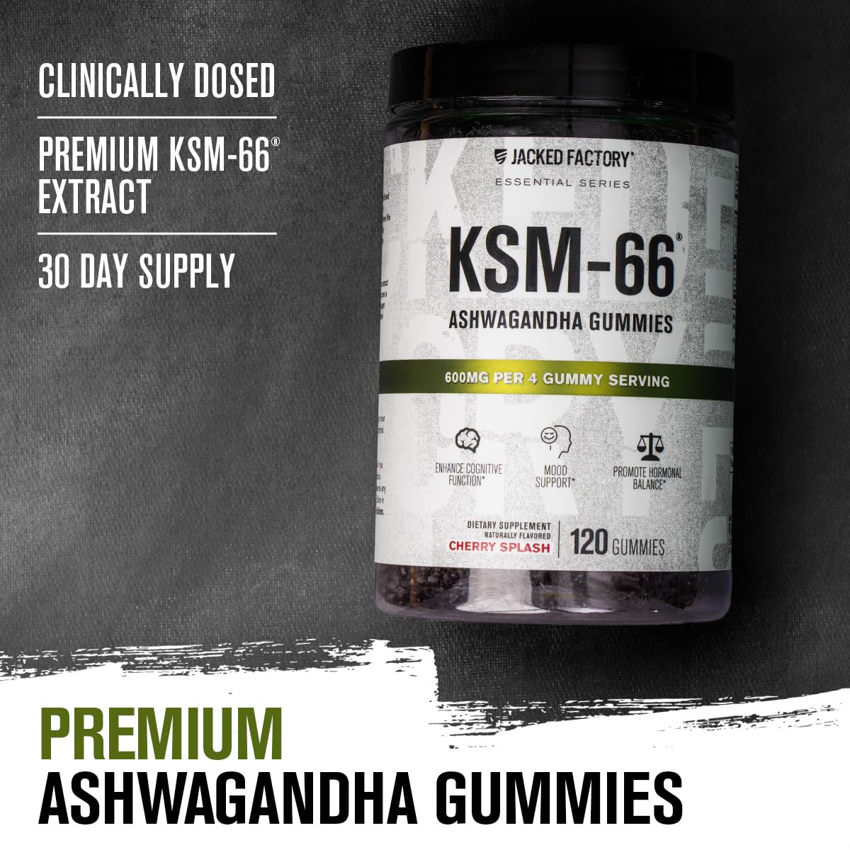 Jacked Factory Ashwagandha Gummies bottle side label shows 600 mg KSM-66 per serving