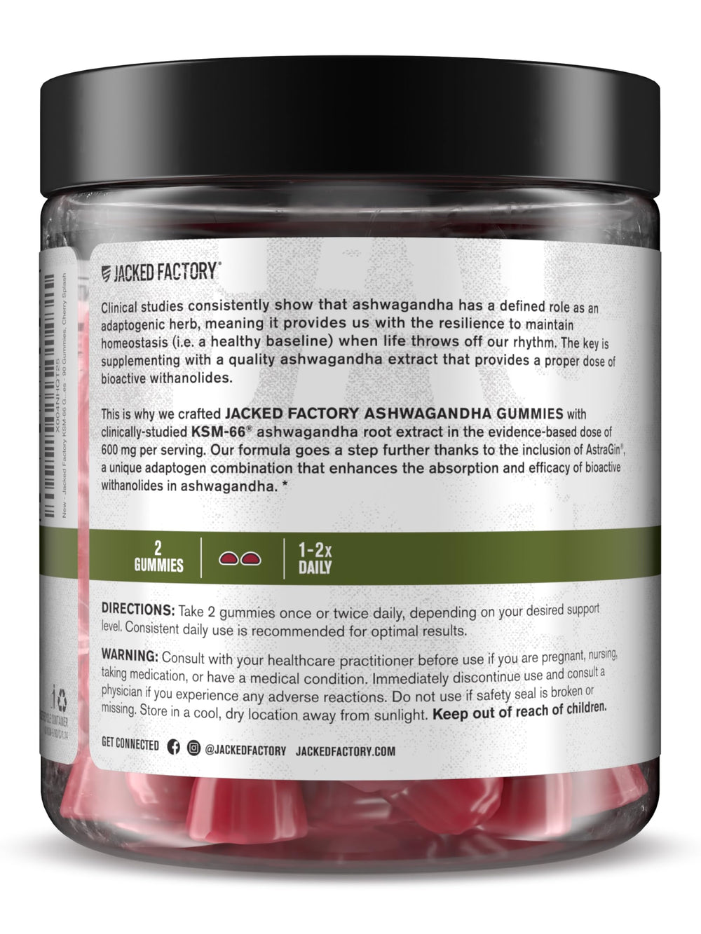 Jacked Factory Ashwagandha Gummies ingredients panel highlights AstraGin and KSM-66 benefits