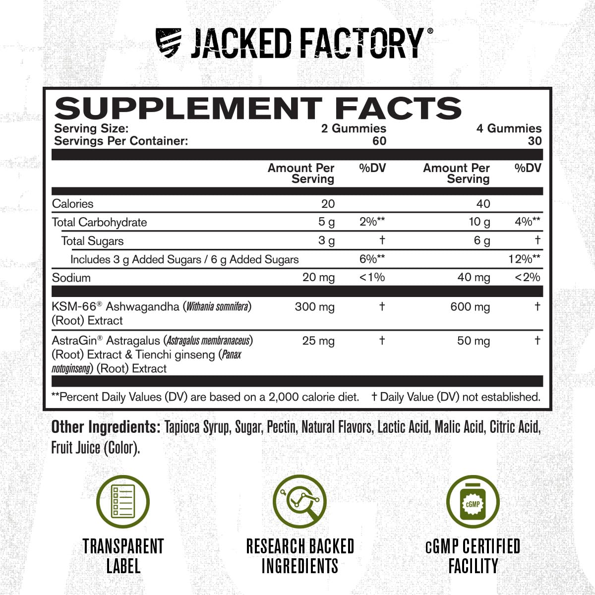 Jacked Factory Ashwagandha Gummies packaging box view showcases clean label design
