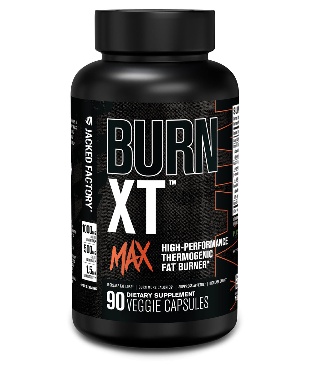 Jacked Factory Burn-XT Max bottle front showing sleek label for energy and fat burning