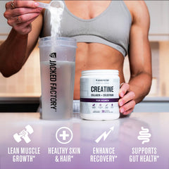Jacked Factory Creatine Collagen Hydrolysate bottle highlighting skin and hair support potential.