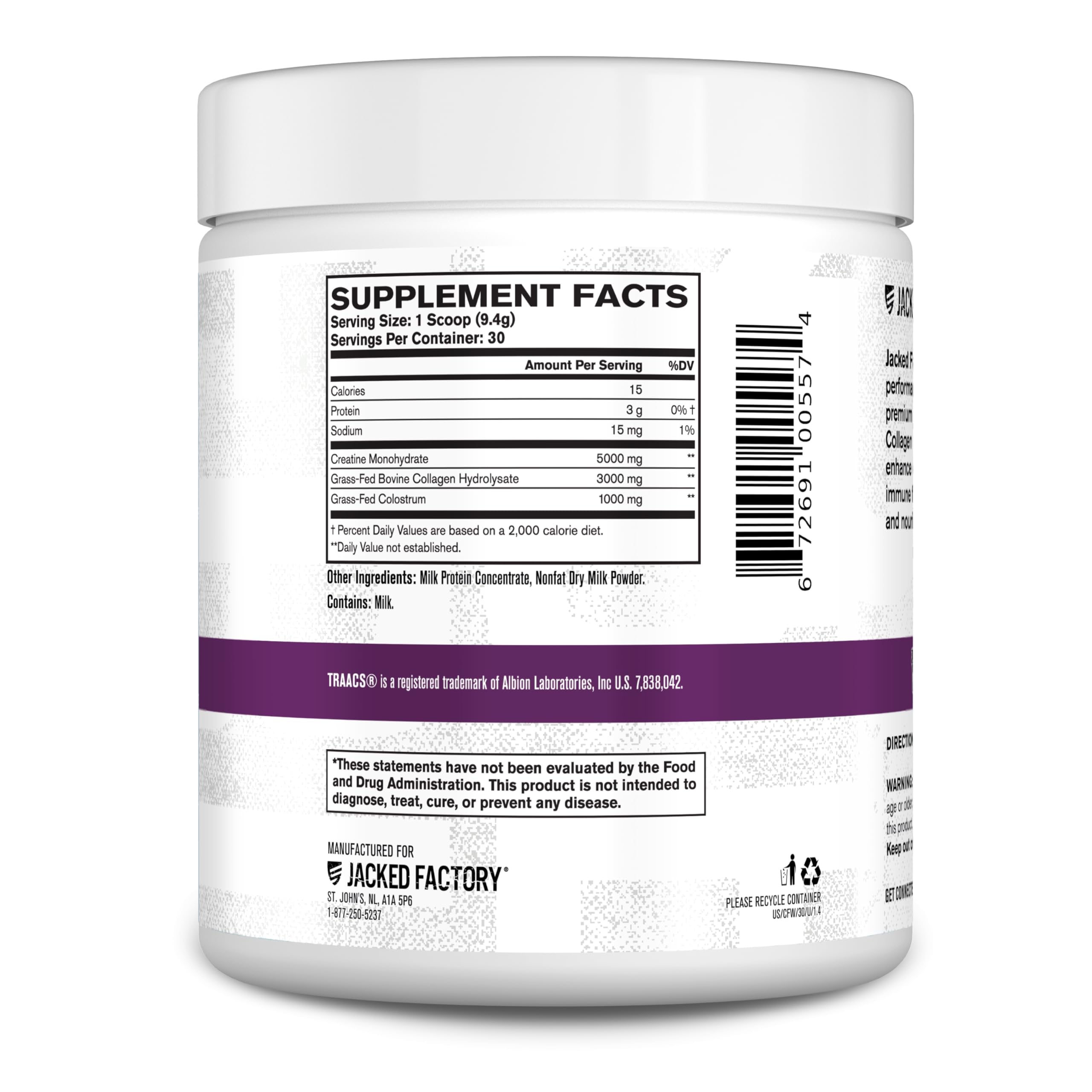 Jacked Factory Creatine Women ingredient icons emphasizing collagen, creatine, and colostrum benefits.