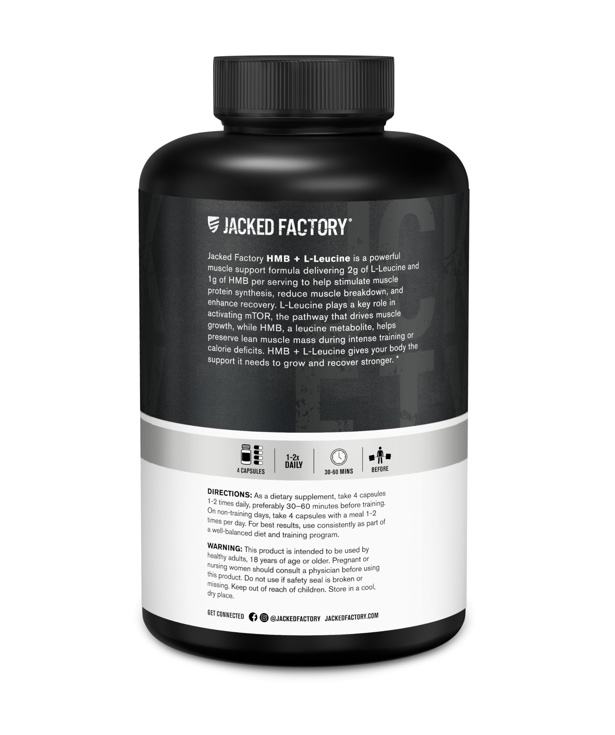 Front view of Jacked Factory HMB Leucine bottle on shelf
