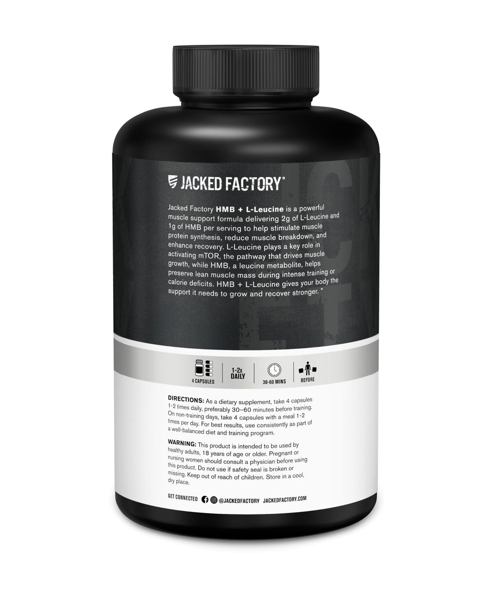 Front view of Jacked Factory HMB Leucine bottle on shelf