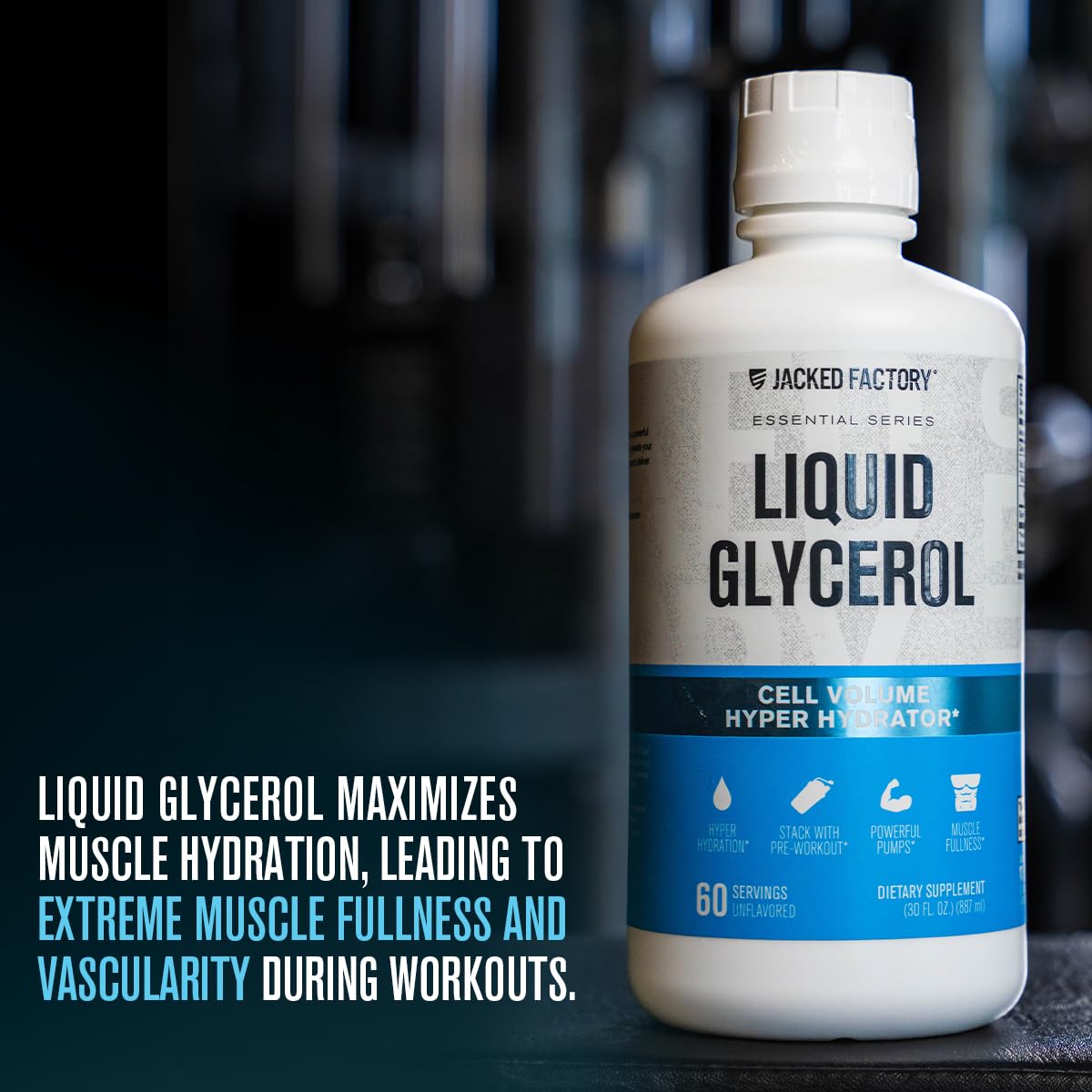 Jacked Factory Liquid Glycerol tilt shot highlighting sleek unflavored formula.