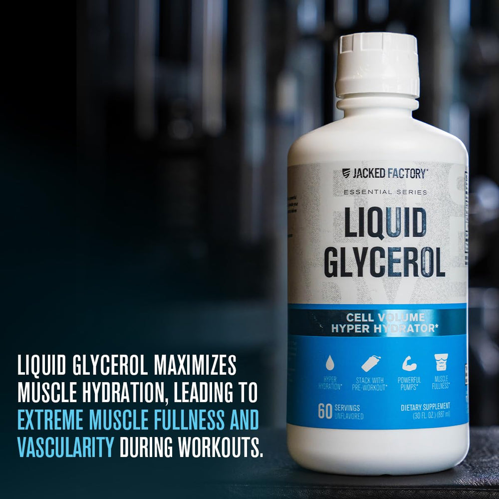 Jacked Factory Liquid Glycerol tilt shot highlighting sleek unflavored formula.