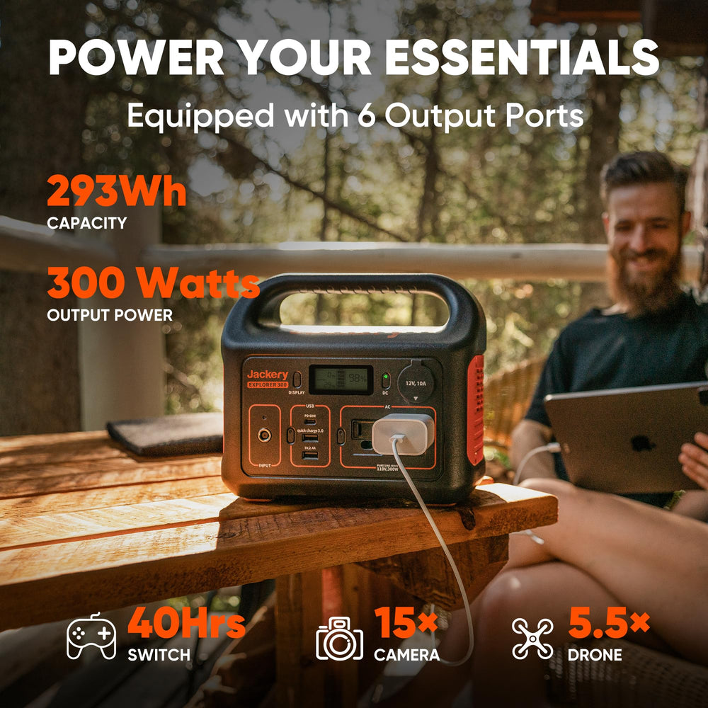 Jackery Explorer 300 with dual AC outlets ready for devices