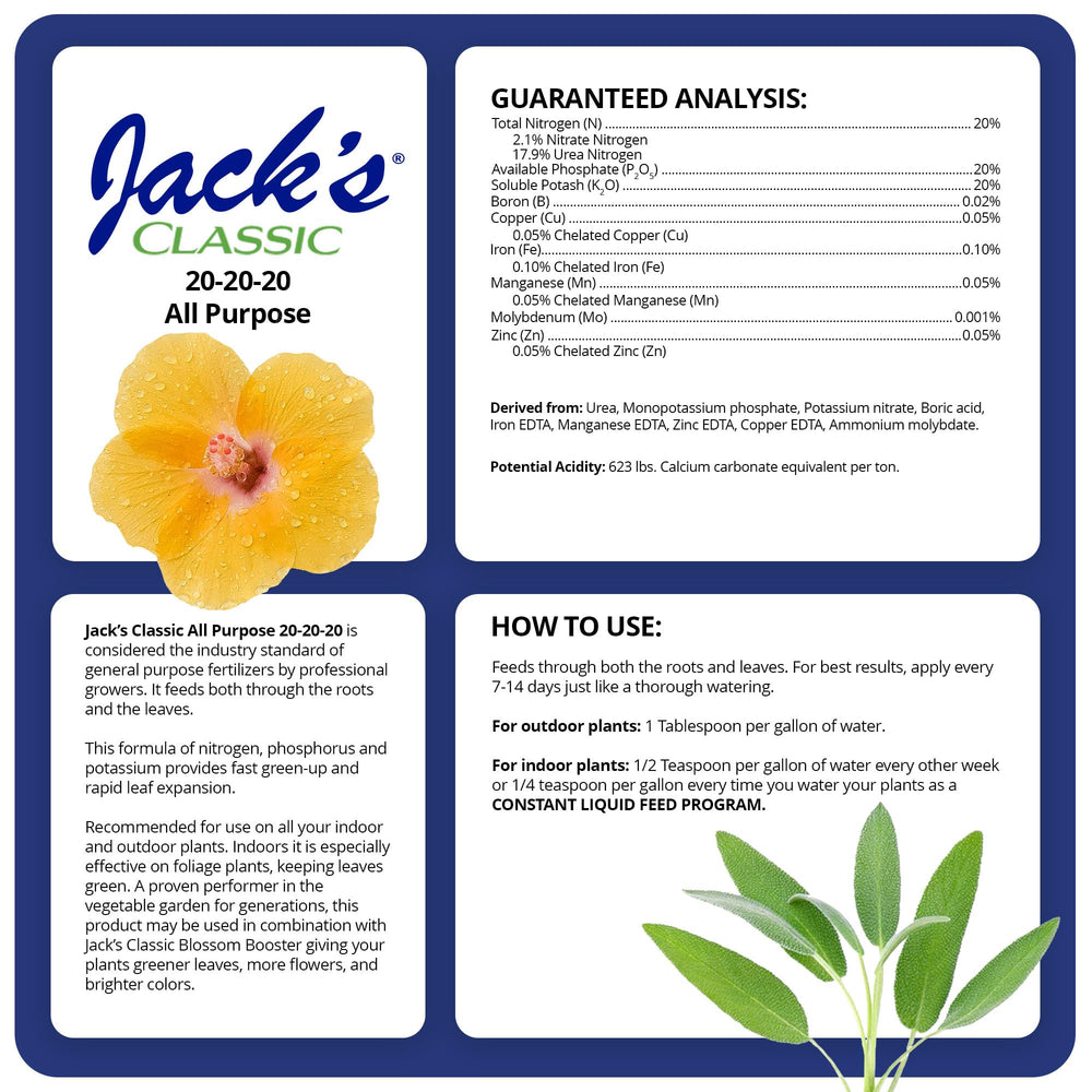 Jack's Classic 20-20-20 foliar feed promotes leaf expansion and vibrant color.