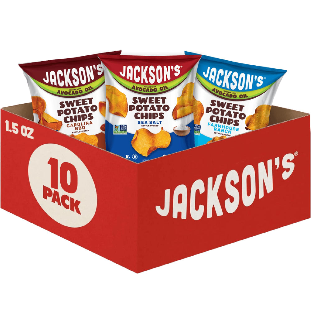 Jackson’s Sweet Potato Kettle Chips avocado oil sea salt pack, crisp snack for lunch.