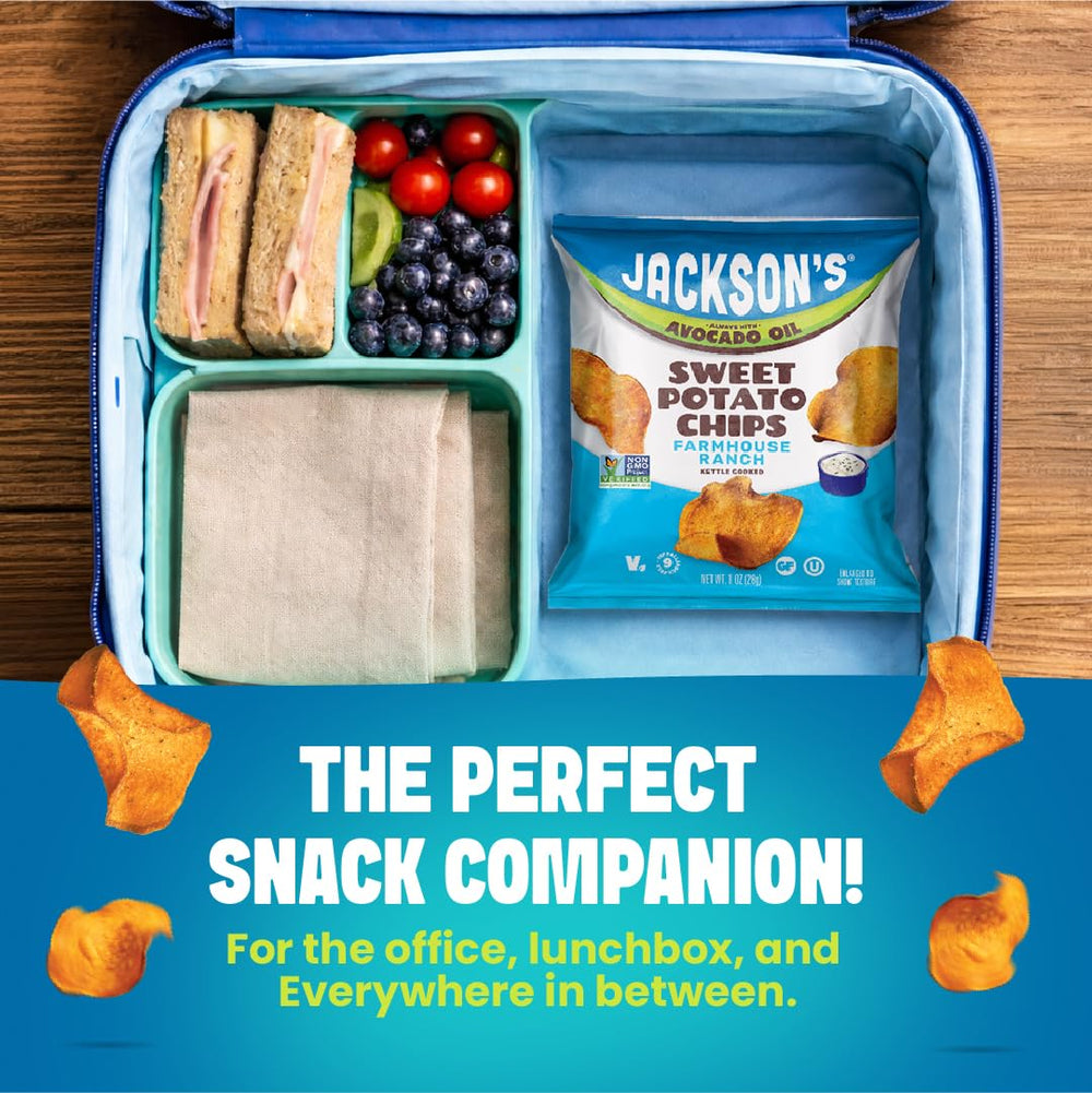 Jackson’s sweet potato chips farm-to-bag with non-GMO ingredients.