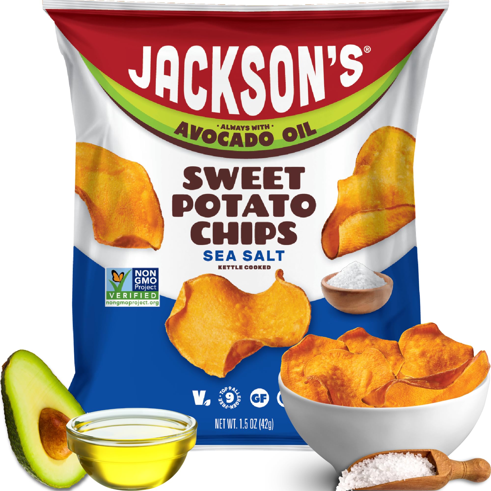 Jackson's Sweet Potato Kettle Chips close-up with sea salt and avocado oil for a crunchy snack.