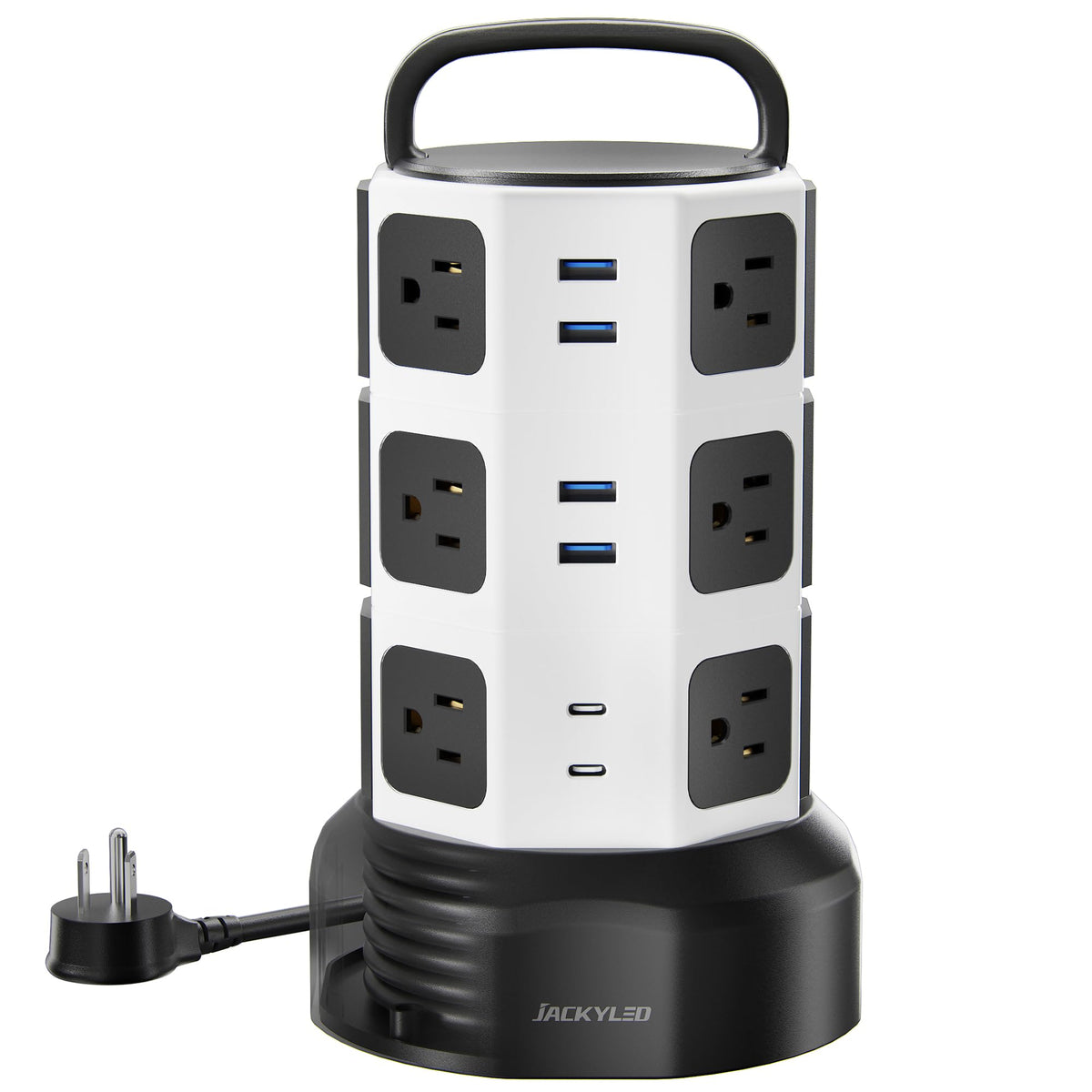 JACKYLED power strip tower with twelve outlets keeps a neat desk and powers many devices