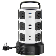 JACKYLED power strip tower with twelve outlets keeps a neat desk and powers many devices