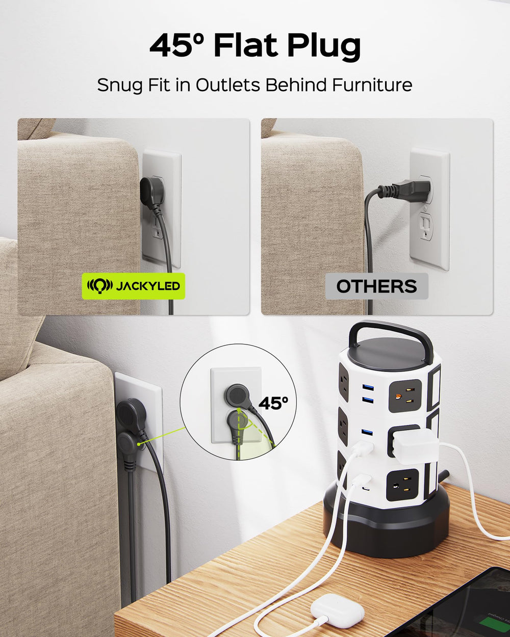 JACKYLED 6.5ft cord length adapts to room layout while staying organized