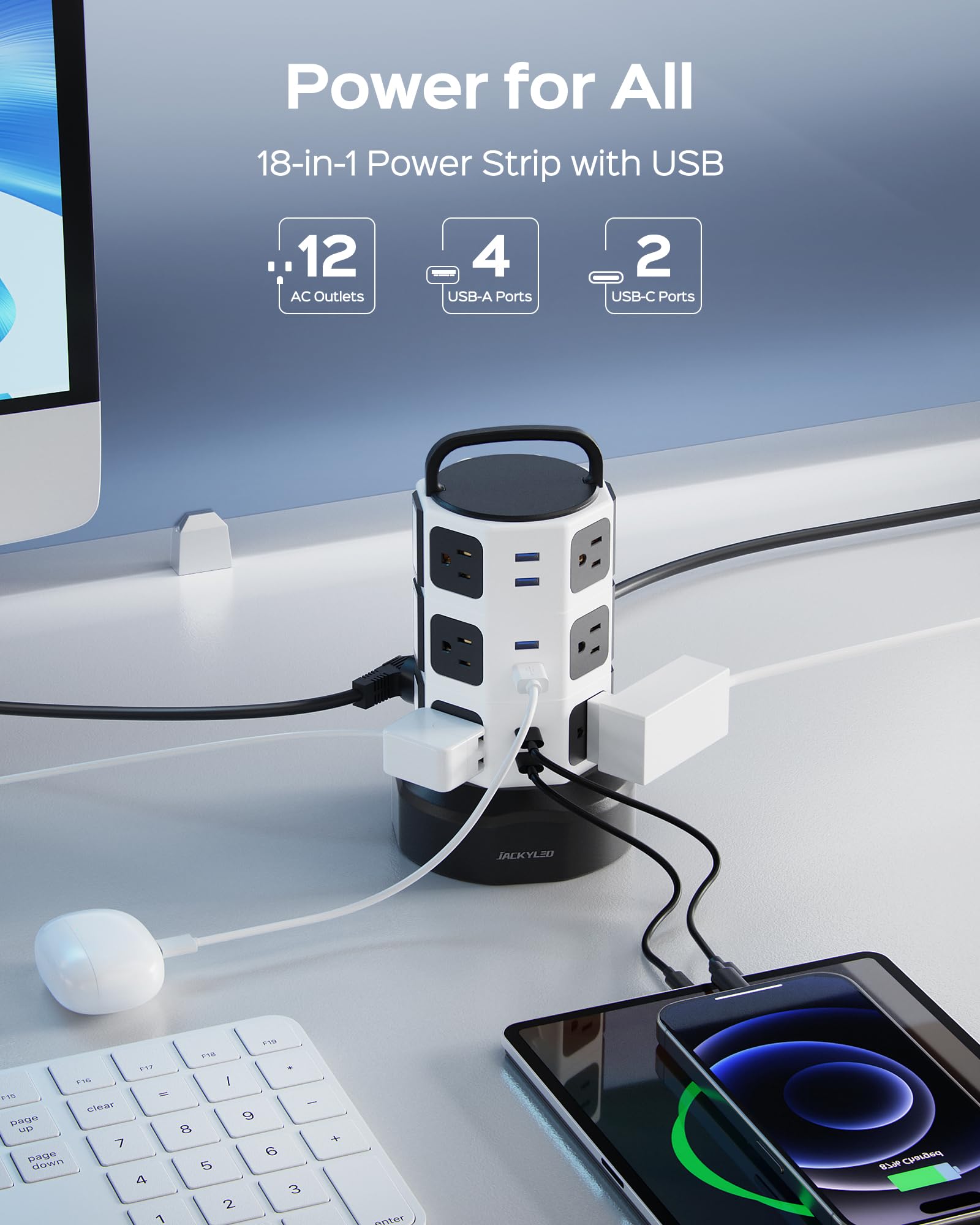 JACKYLED tower shows USB ports for convenient charging of phones and tablets