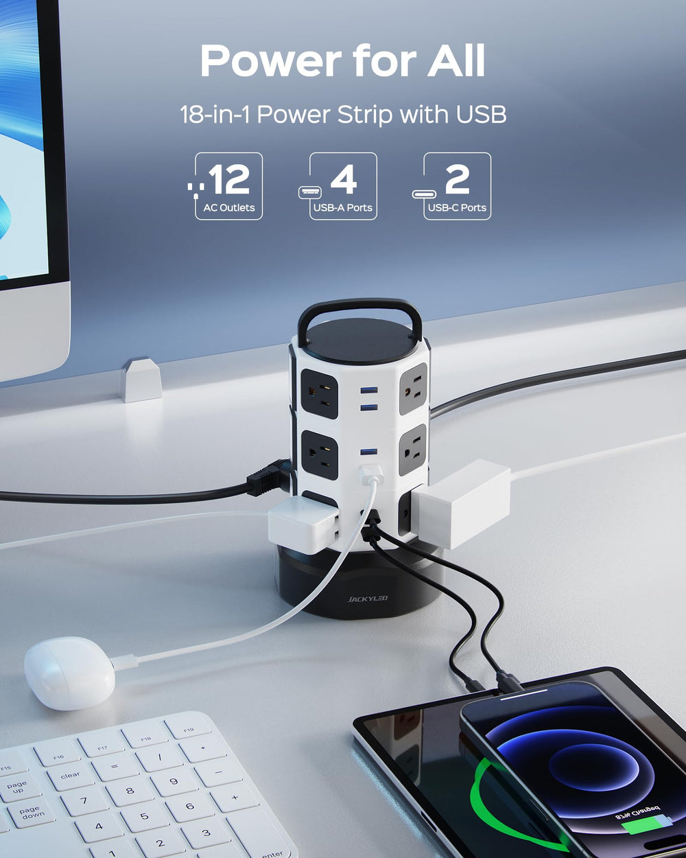 JACKYLED tower shows USB ports for convenient charging of phones and tablets