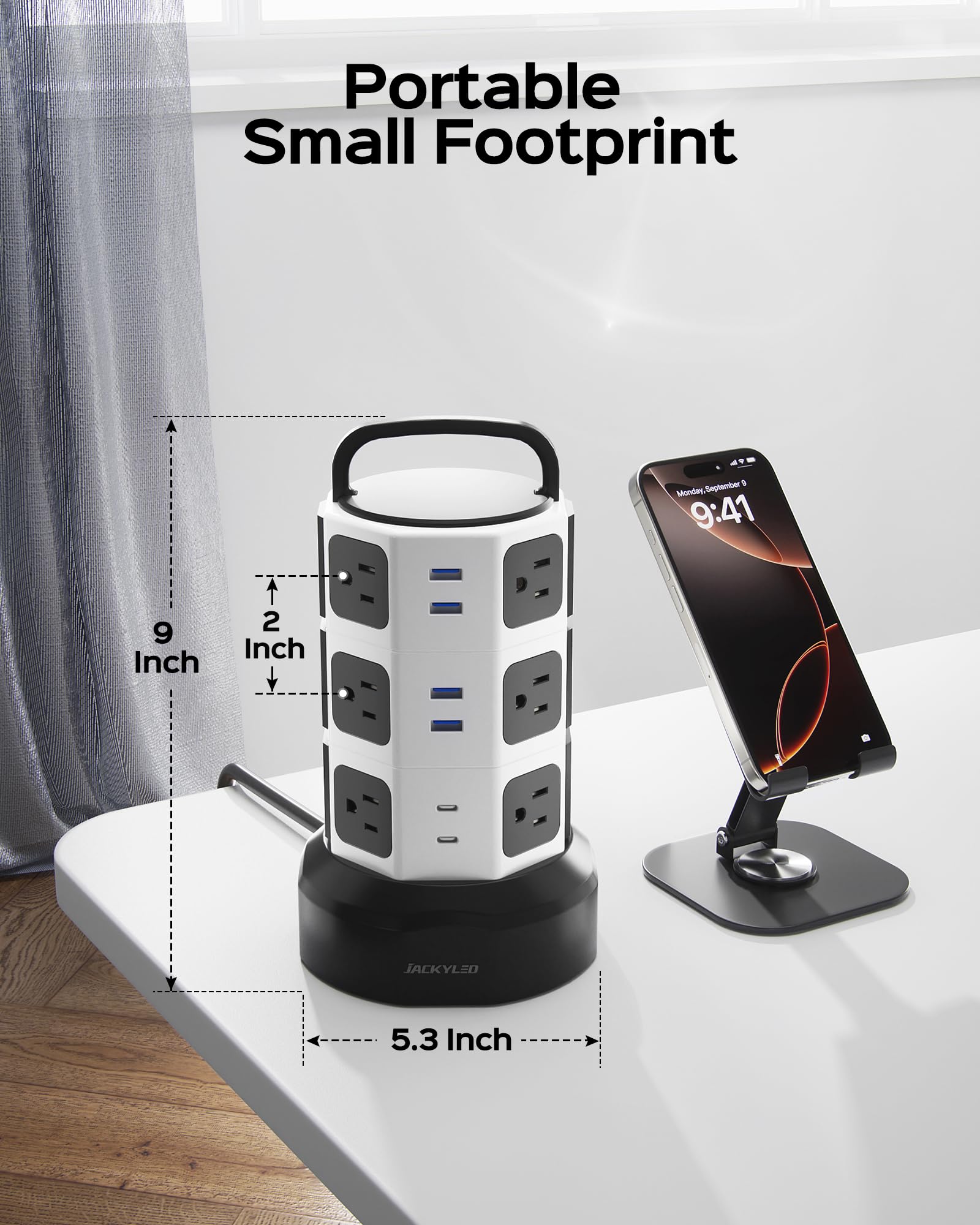 JACKYLED home office setup powered by this tower keeps routers and printers ready