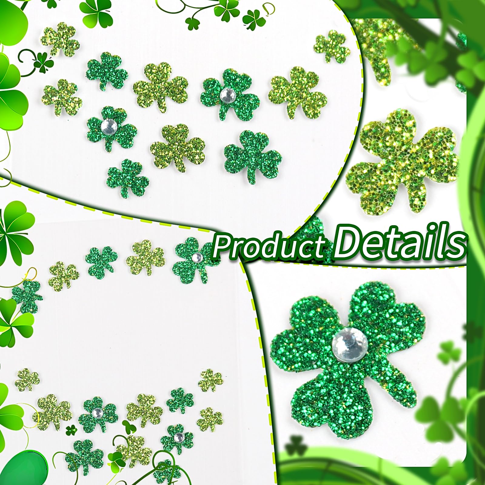 Jacnkb green clover rhinestones provide sparkling accents for cheeks and temples