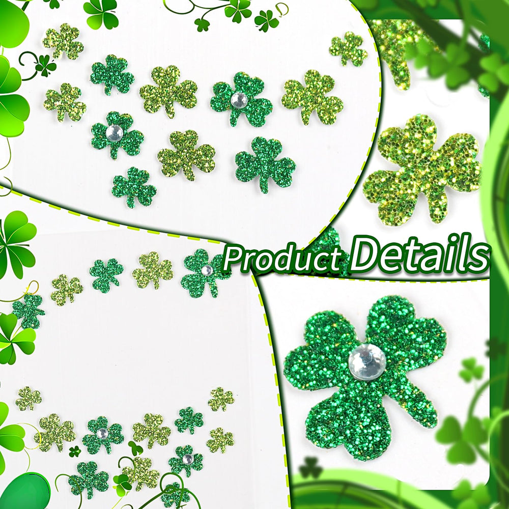 Jacnkb green clover rhinestones provide sparkling accents for cheeks and temples