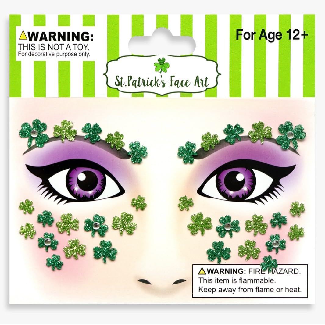 Jacnkb shamrock glitter face tattoos sheet 1 adds festive St Patrick's Day sparkle