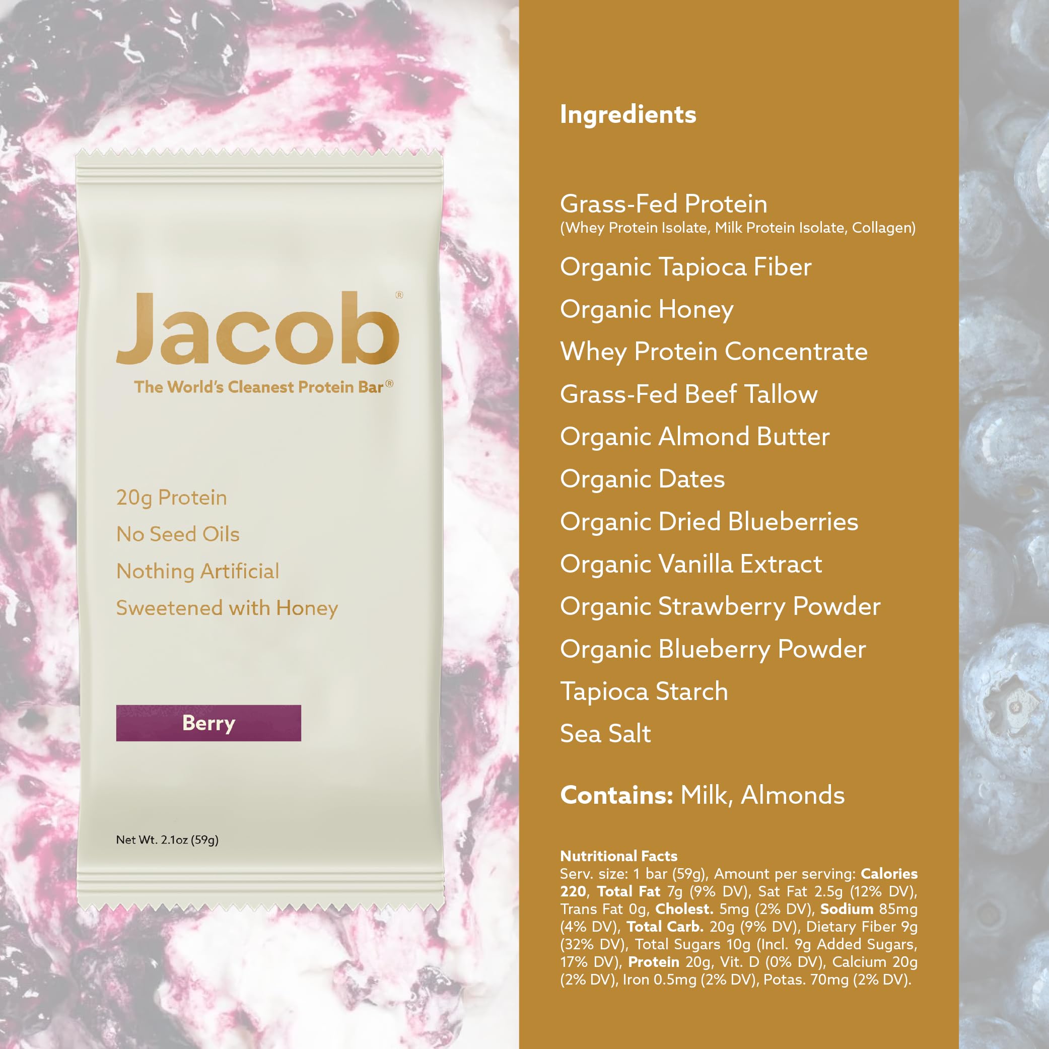 Jacob Protein Bars ingredients label emphasizes no seed oils or artificial additives.