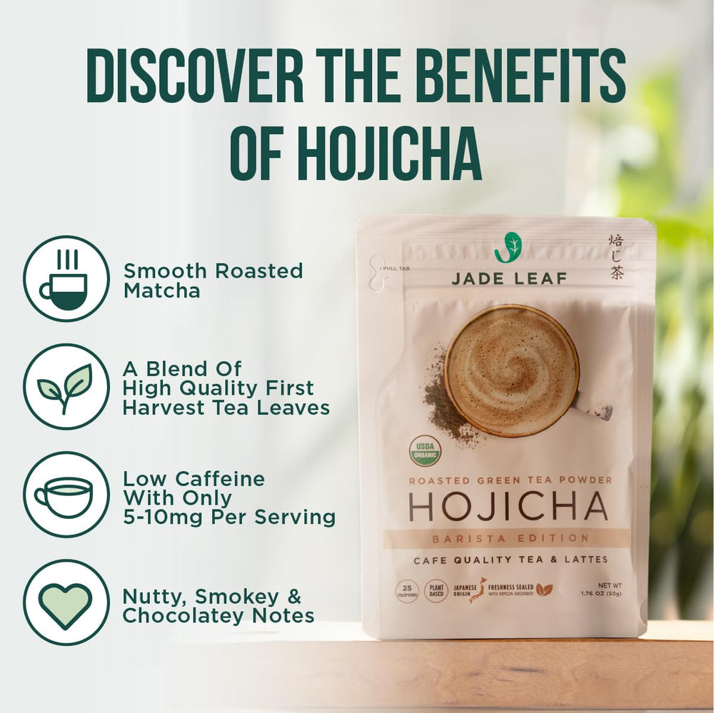 Jade Leaf Hojicha hot-water prep suggests smooth, low-caffeine tea