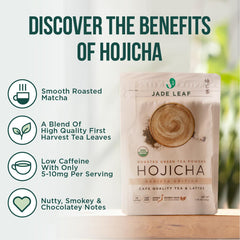 Jade Leaf Hojicha hot-water prep suggests smooth, low-caffeine tea