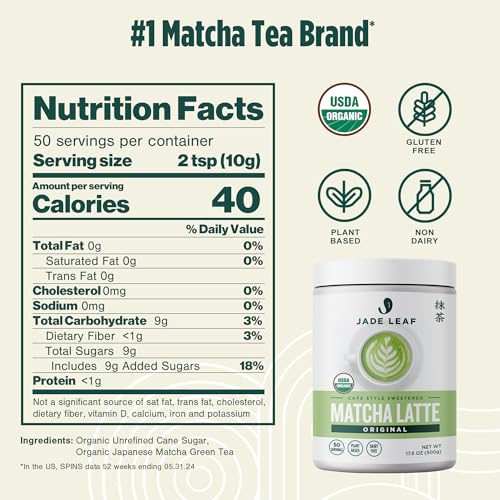 Jade Leaf latte mix label highlighting organic and flavors.