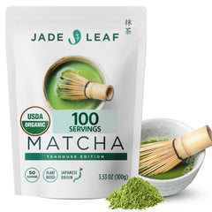 Jade Leaf Matcha ceremonial-grade packaging highlighting premium organic tea for ceremonies